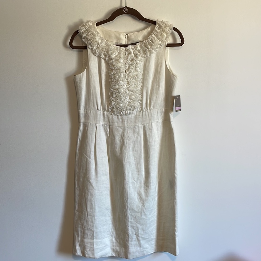 NEW Taylor 100% Linen Dress 6 White Sleeveless Mini Ruffle Neck Versatile Classy
